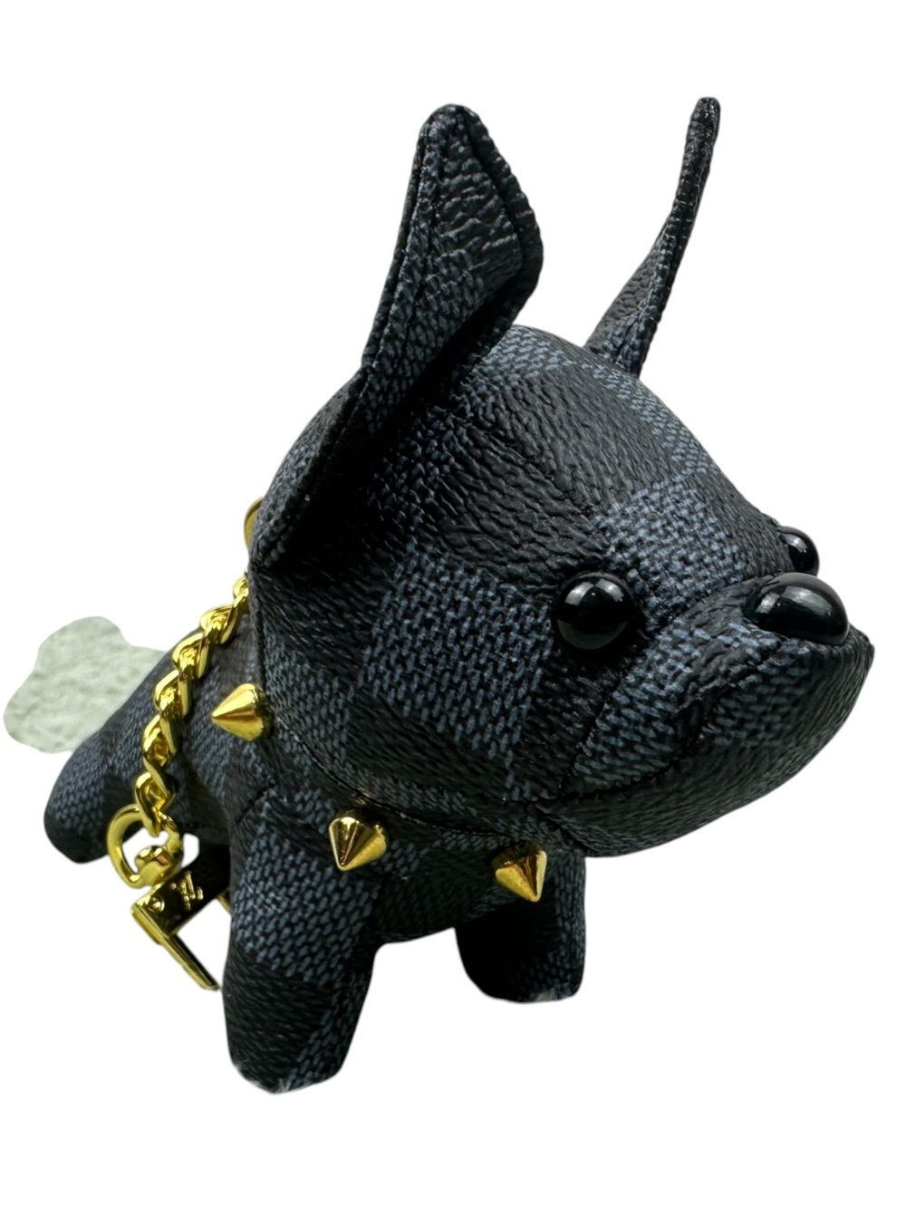 Plush Black Check Dog Keychain with gold tone hardware